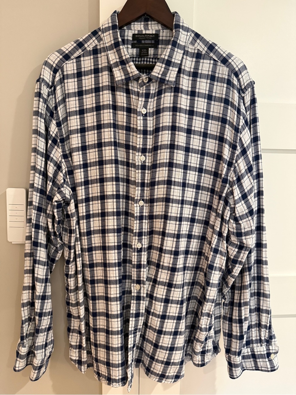 Banana Republic Men XXL Organic Cotton Blue Plaid Untucked Standard Fit Shirt